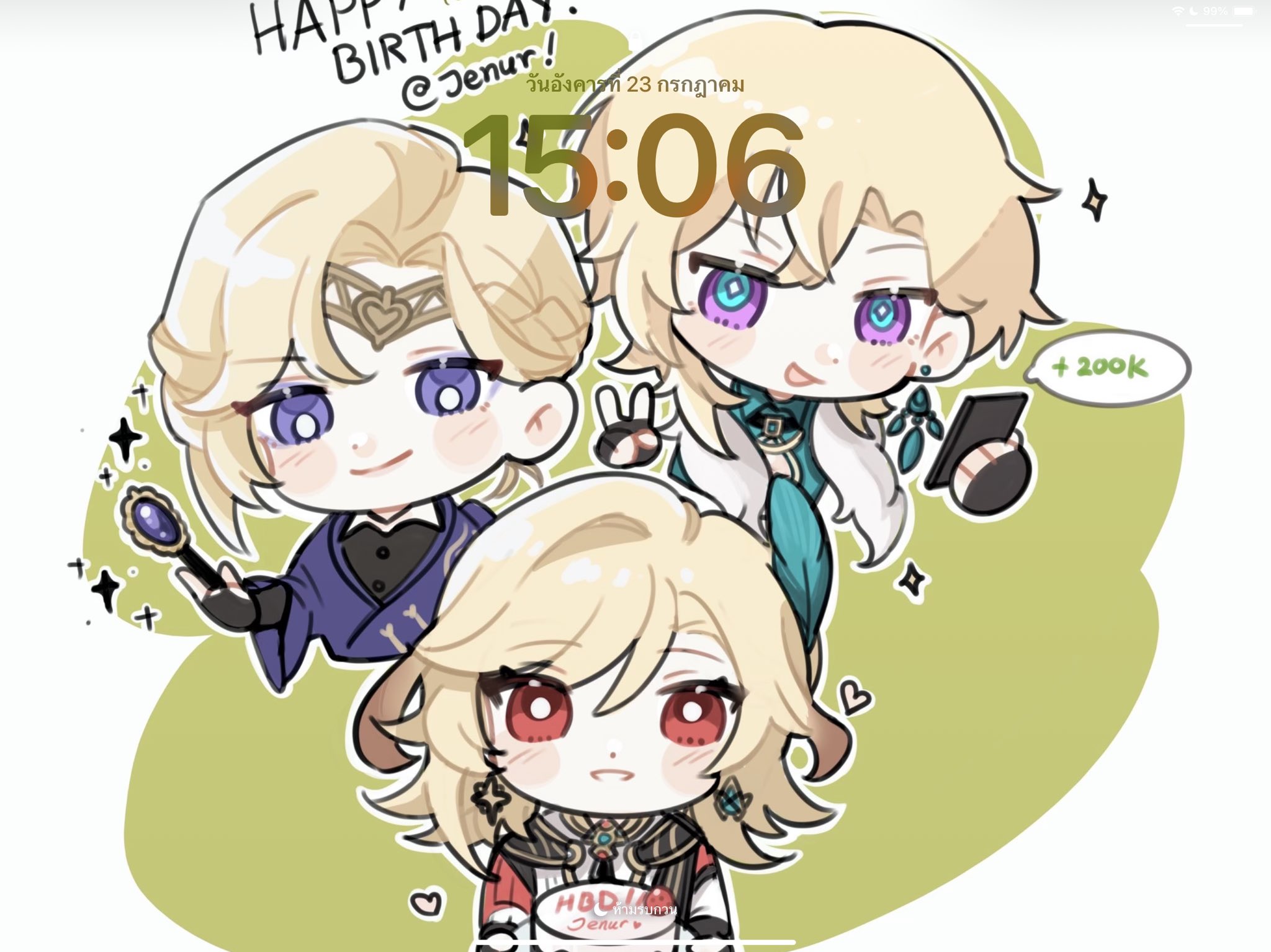 this digital art is an illustration of three anime characters, albedo, jean, and amber from genshin impact, dressed in chibi style. they are all celebrating jean's birthday, with jean holding a birthday cake and albedo using his phone.  there are sparkles and hearts around the characters, adding to the festive mood. the image is bright and cheerful, with a light and playful tone. the art style is cute and cartoony.