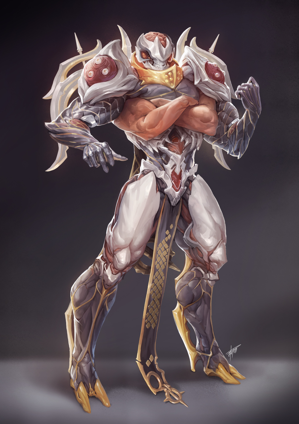 the image showcases a fullbody illustration of a futuristic warrior clad in intricate white and gold armor. the figure, with exaggerated musculature, strikes a confident pose, one arm crossed over its chest and the other hand on its hip. the armor, a blend of smooth surfaces and sharp angles, features glowing red accents on the helmet, chest, and thighs. the character's face is concealed by a skulllike mask with glowing red eyes.  the background is a muted grey, focusing attention on the character's design.