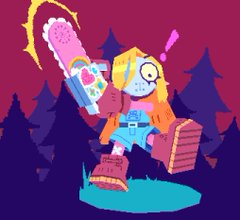 a pixel art illustration of a girl in a forest holding a chainsaw. the girl is drawn in a cute, pastel style and has blonde hair and is wearing a pink dress and brown boots. the chainsaw is also pink and decorated with hearts and other cute details. the background is a dark forest with tall trees. the overall tone of the image is whimsical and slightly spooky.