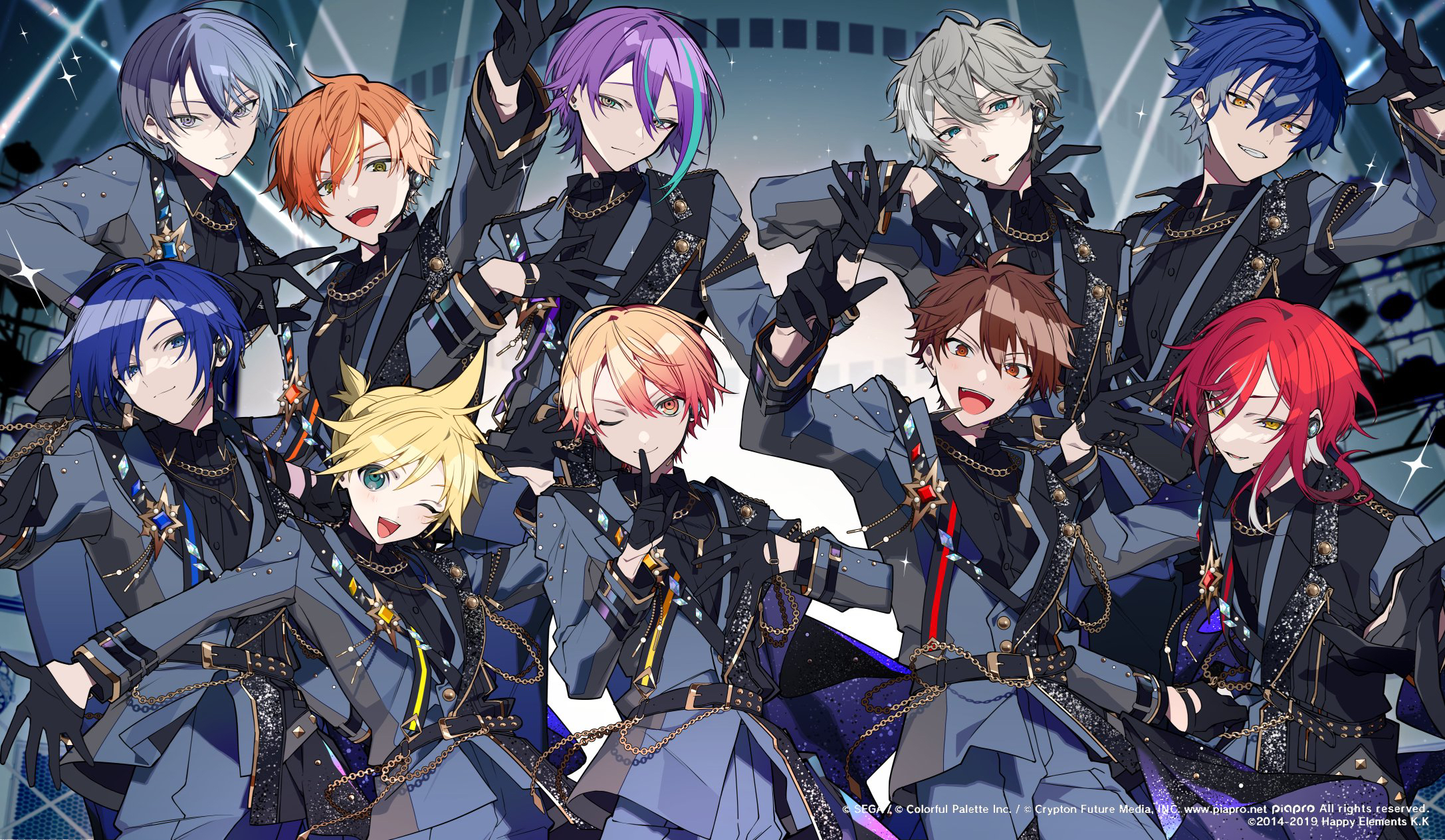 a group of ten animestyle boys, all dressed in stylish formal wear that features shades of grey and black with embellishments like chains and starshaped ornaments, is captured in a full shot. each character sports a unique hairstyle and color, ranging from grey, purple, and blue to orange, yellow, and red. the boys are arranged in a visually appealing composition, creating a dynamic and engaging image that showcases the distinct styles of the characters.