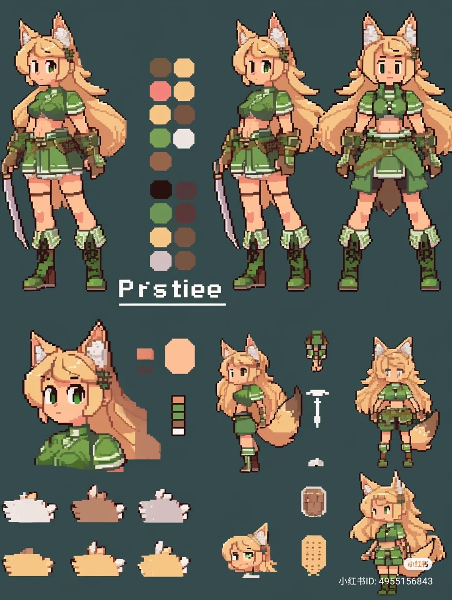 a pixel art character design sheet depicts a female adventurer with fox ears and a tail. she wears a green and white outfit and carries a sword. the sheet includes various views, expressions, and color palettes for the character.