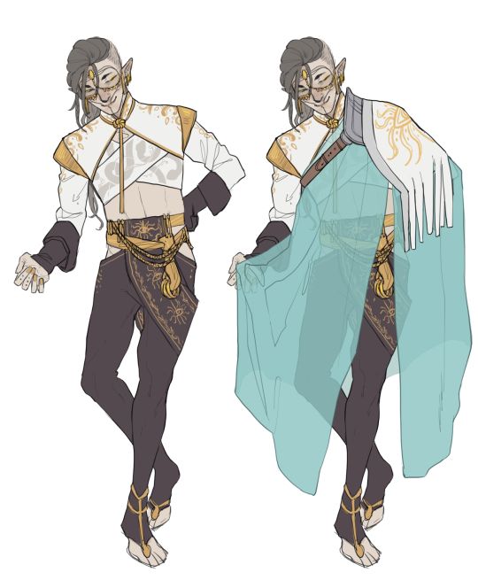 the illustration features two drawings of the same character, a male elf with grey hair, a mask and a white, gold, and blue outfit. on the left, he is standing with his arms crossed, while on the right, he is holding up his cloak. both versions of the character are smiling.