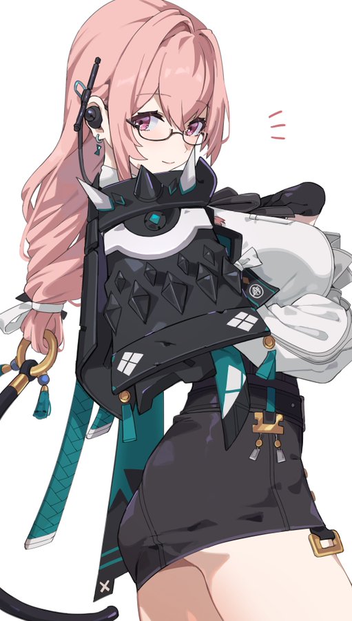 a pink haired anime girl with glasses is smiling while posing. she's wearing a black and green outfit with a large weapon.