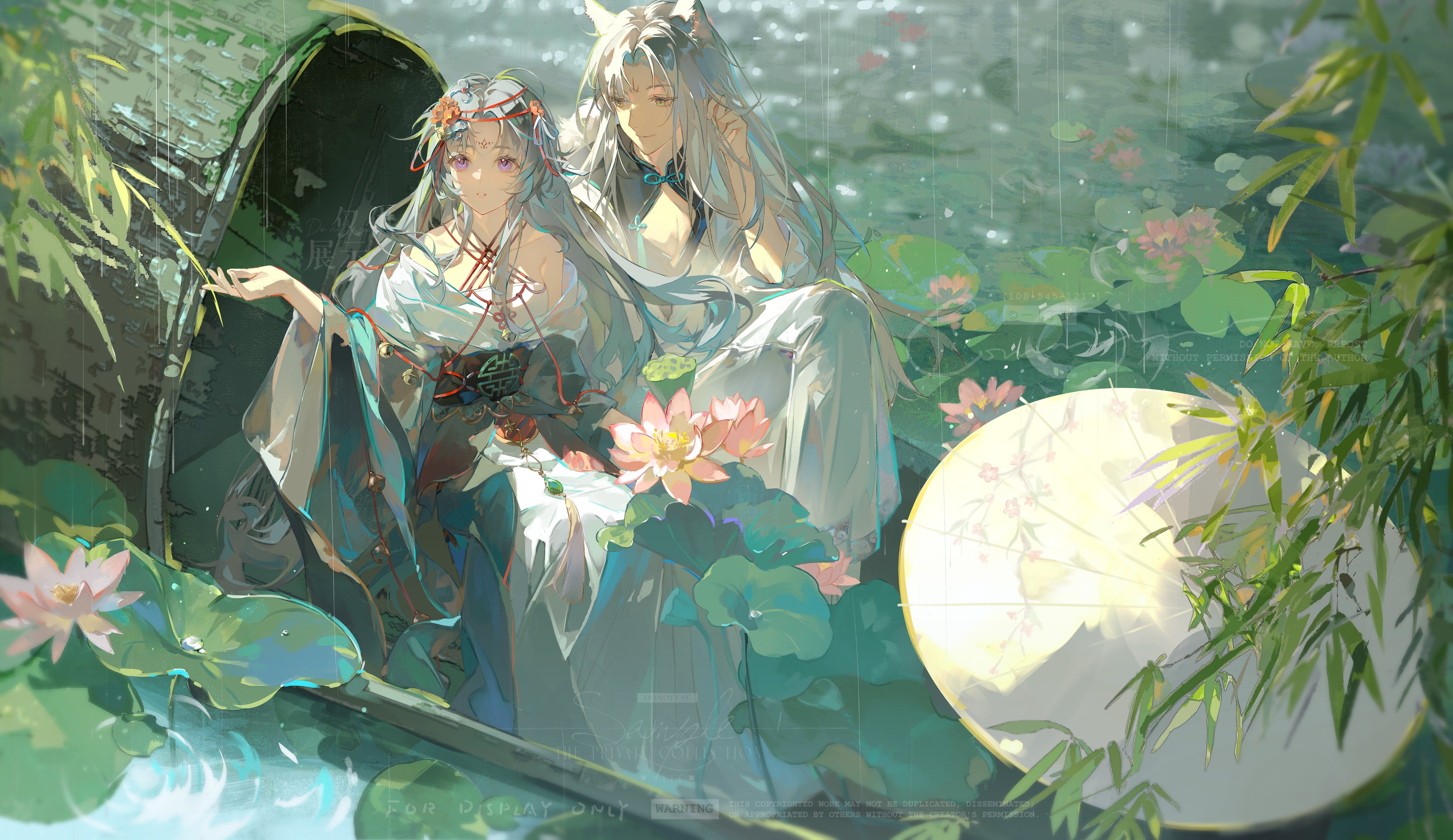 the image is a digital painting depicting two animestyle characters, a young woman and a young man, sitting in a small, rustic boat on a serene pond.  the woman wears a flowing white kimonolike garment with red accents, and the man wears similar attire with a more casual look. they are surrounded by lush green lily pads and pink lotus flowers. the overall atmosphere is tranquil and romantic, with soft light, falling rain, and the presence of a partially visible round fan adding to the peaceful and mystical ambiance. the art style combines elements of anime and east asian painting techniques, creating a visually striking and detailed scene. the color palette is soft and pastellike, emphasizing the calm and dreamlike mood.