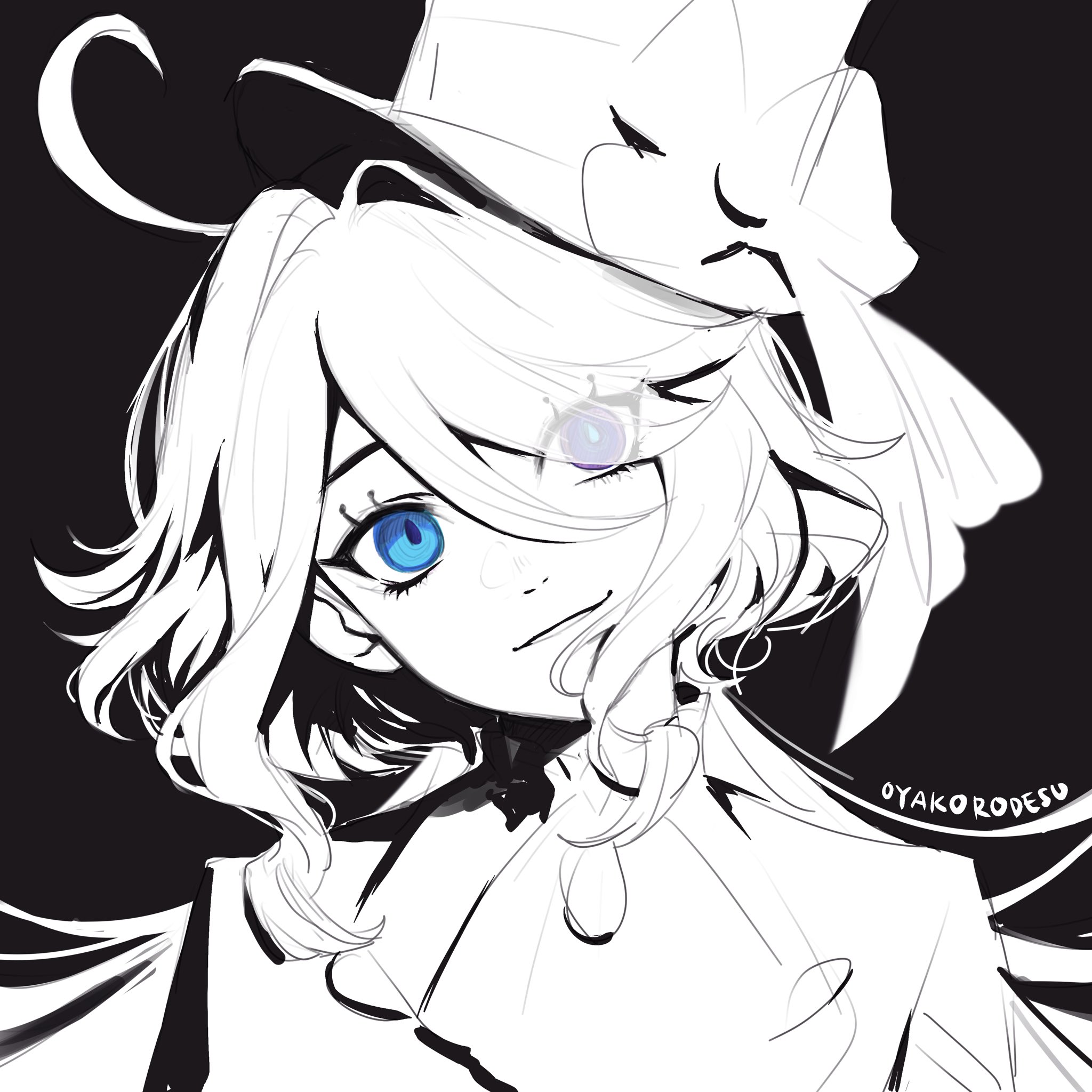 a black and white sketch of an anime girl with long white hair and a blue eye. she is wearing a large hat and is looking down to the side. the sketch is done in a cute style.