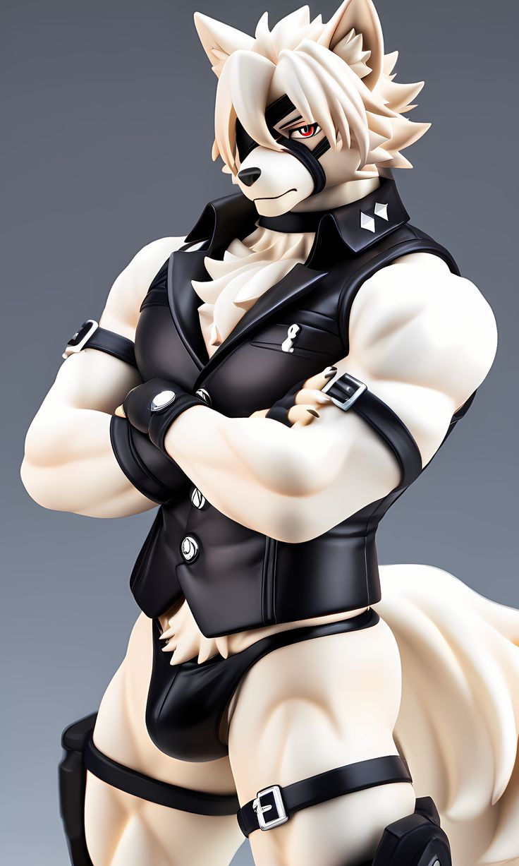 the image showcases a collectible figurine of a muscular, anthropomorphic wolf. the wolf has white fur, piercing red eyes, and is dressed in a revealing black leather outfit consisting of a vest, shorts, and various straps. he stands confidently with arms crossed, showcasing his physique. the figure is set against a plain grey studio background, suggesting it's a professional product shot.