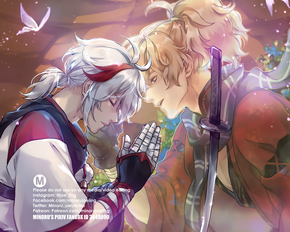 this image depicts a scene of two anime boys in love. one with white hair and one with blond hair, the image is full of romantic and cute elements, suggesting a very sweet and romantic scene between the two.