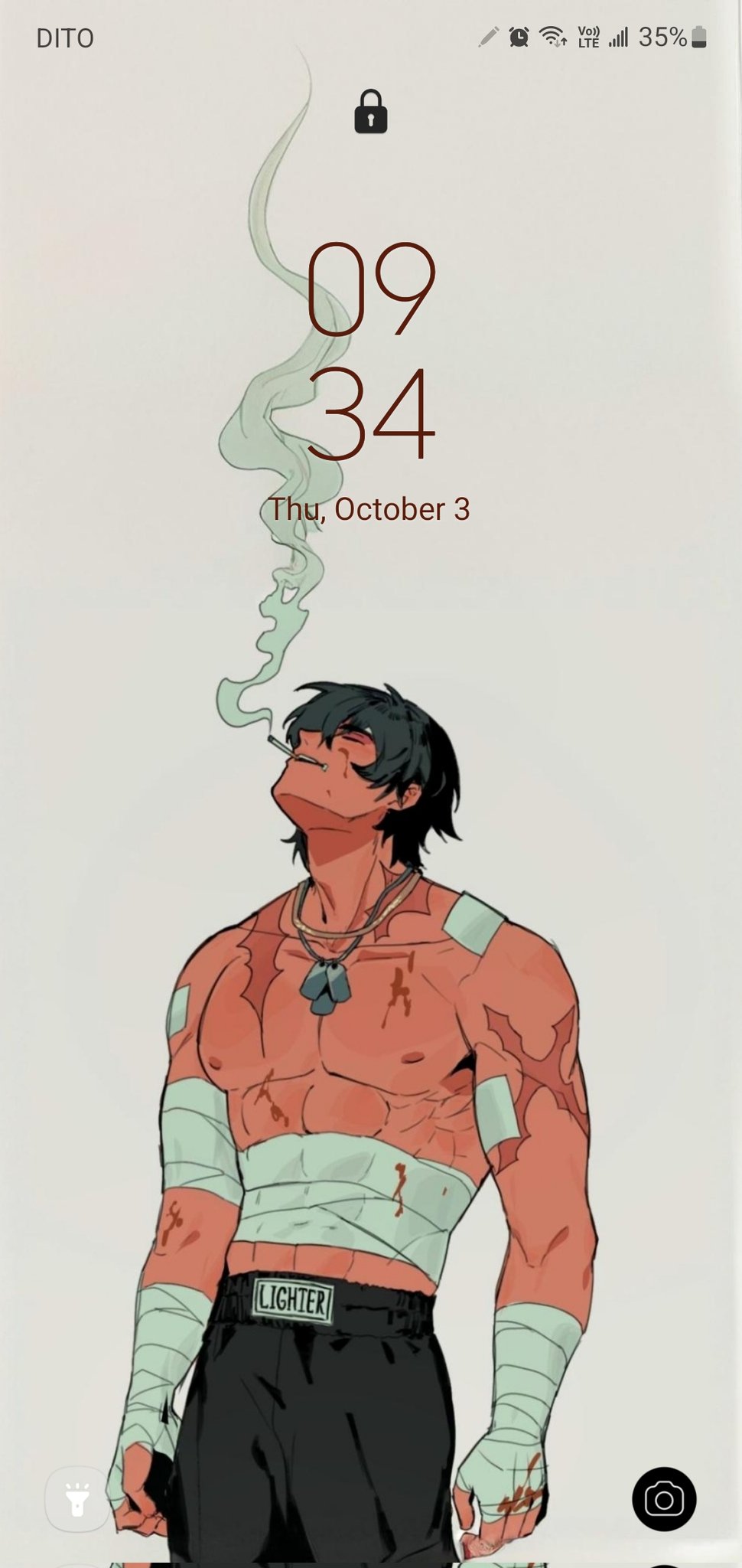 his is a phone lock screen image. the background shows a digital art illustration of a muscular man, possibly a boxer, with bandages on his arms and torso. he appears to be smoking, with a trail of green smoke behind him.  the man has dark hair and several apparent wounds. his boxing shorts have the word "lighter" on them. the phone's time and date are visible at the top of the screen (09:34, thu, october 3).  the overall aesthetic is dark and slightly gritty.
