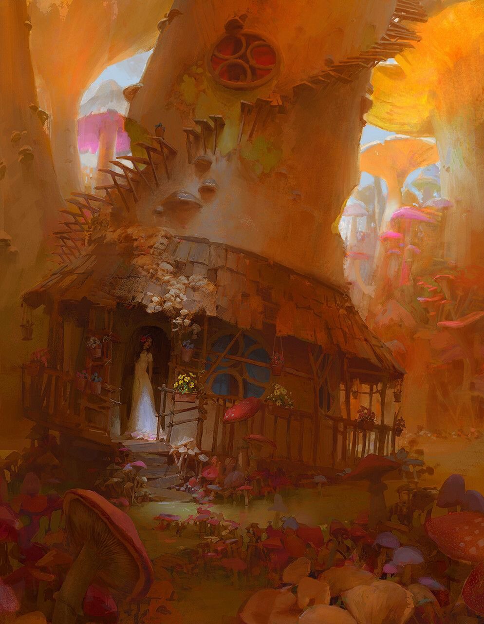 the painting shows a whimsical mushroom house nestled in the heart of a magical forest. the house is built around a giant mushroom trunk, with balconies and windows peeking out from its sides. a woman in a white dress stands on the doorstep, surrounded by a sea of colorful mushrooms. the warm, inviting lighting and the detailed brushstrokes create an enchanting atmosphere.