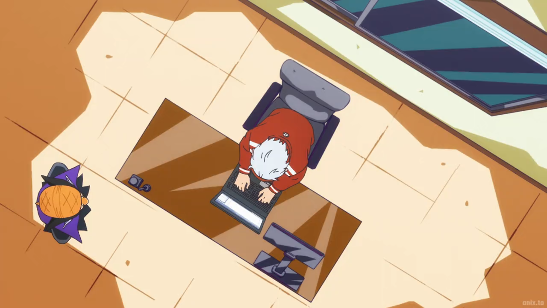 he image shows an anime boy with white hair wearing a red jacket sitting at a desk working on a laptop.  a bat girl with orange and purple horns is standing off to the side.  the image is from a bird's eye perspective.  the room is brightly lit, likely with natural light.