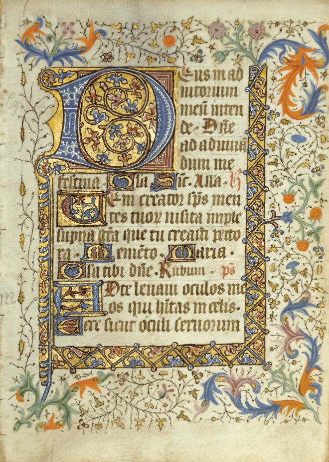 this image shows a page from an illuminated manuscript. the page is filled with a beautiful and intricate floral border that surrounds a religious text in latin. the text is set in a clear and elegant calligraphy, and the initial letter is decorated with an elaborate design of gold, blue, and red. the page is a stunning example of the artistic skill and religious devotion of medieval scribes.