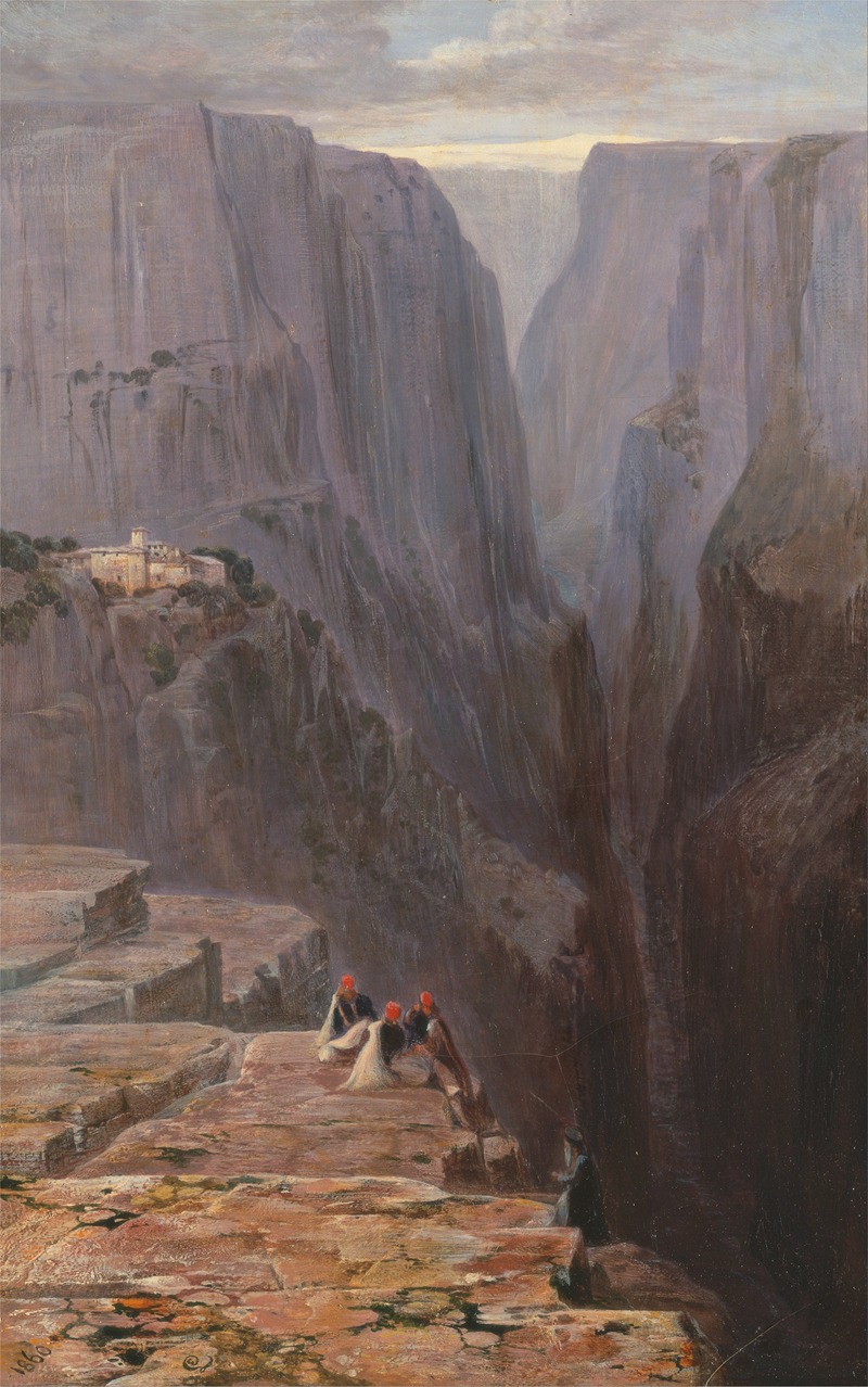 a painting of a canyon with a group of people on a rocky outcrop in the foreground and a building on a cliffside in the distance. the canyon walls are sheer and towering, creating a sense of depth and scale. the sky is overcast and the overall tone of the painting is muted, giving it a sense of grandeur and drama.