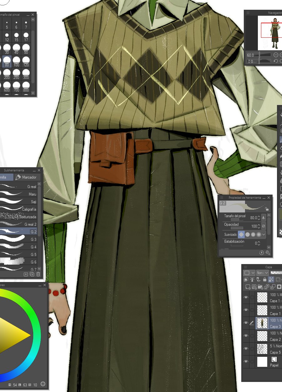 the image shows a closeup detail of a digital painting in progress.  the focus is on the character's outfit: a  beige argyle sweater vest over a long, dark green pleated skirt,  accessorized with a small brown leather bag and green sleeves with red beaded bracelets.  surrounding the central artwork are various interface elements from what appears to be the art software clip studio paint, including brush settings, color palettes, and a layers panel showing the different layers used to create the image.  these panels offer a glimpse into the artist's workflow and the tools they are using. the style is stylized and painterly, with visible brush strokes. there's also a small reference image of a person in similar clothing in the upperright corner.