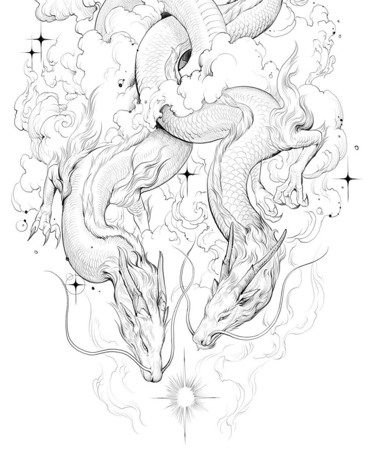 the image showcases an intricate line art drawing of two dragons intertwined amidst clouds, with celestial elements like stars surrounding them. the dragons have detailed scales, horns, and flowing whiskers, creating a sense of movement and ethereal beauty.