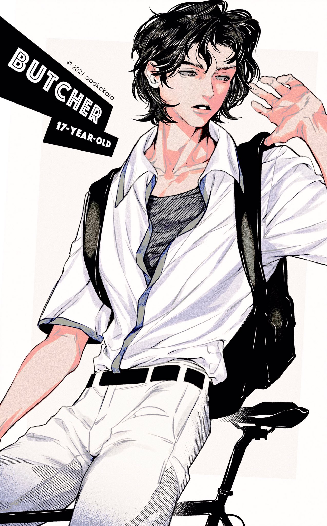 an anime boy with black hair is riding a bicycle, his left hand is on the handle bar, and he is looking at the camera. he is wearing a white shirt, black pants, and a black backpack. the background is white.