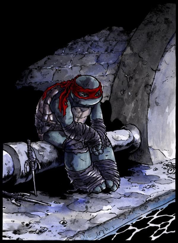 this is a drawing of leonardo from the teenage mutant ninja turtles. he is sitting on a pipe in a sewer, looking sad. he is wearing his red bandanna, and his katanas are on the ground next to him.  the drawing is in a dark and shadowy style, which adds to the mood of sadness.