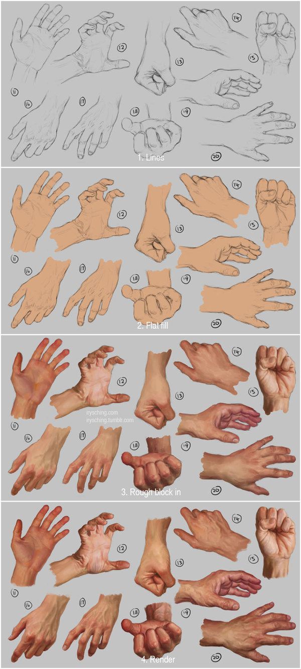 the image is a stepbystep tutorial on how to draw realistic hands. it shows the process from sketching the basic shapes to adding details and shading. each step is labeled with a number and a brief description. the tutorial also includes a color palette of five skin tones.