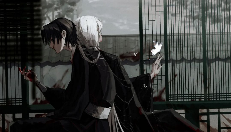 the image is of two anime characters, one with black hair and one with white, facing away from the viewer. they are both sitting on a rooftop and appear to be looking out at the cityscape. the character on the left has a bloody hand. the character on the right is reaching out toward a small, white bird that is flying away. the background is a dark, gloomy cityscape. the mood of the image is sad and lonely.
