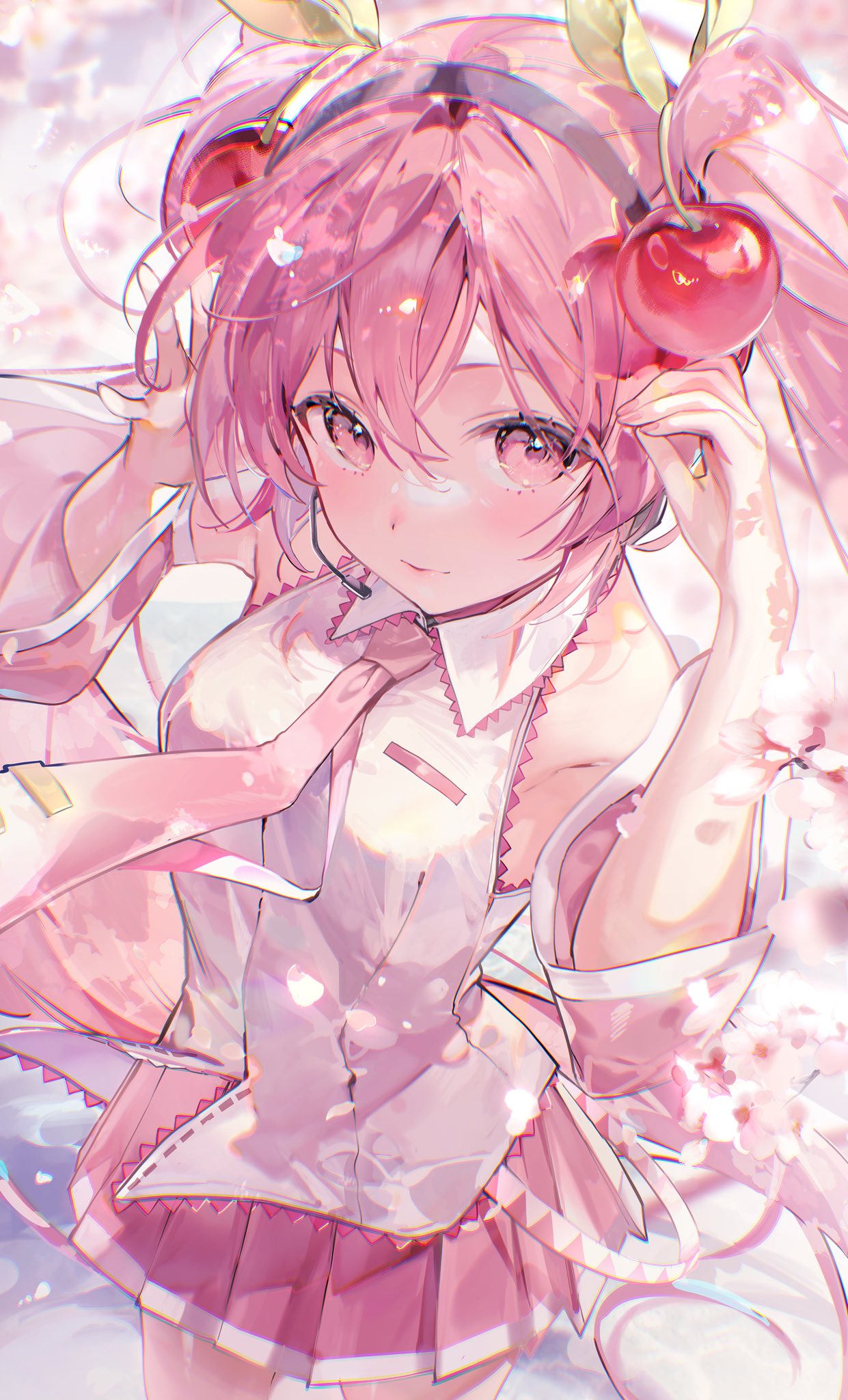 the image is a digital illustration of a cute anime girl with long pink hair. she is wearing a pink and white dress with a pleated skirt and has cherries decorating her hair. the overall style is soft, pastel, and dreamy. the background is a light, ethereal wash of color with hints of cherry blossoms. the girl's expression is sweet and innocent, and she appears playful and cheerful. the art style is highly stylized and focuses on creating a soft, romantic atmosphere. the detail in the hair and clothing is quite delicate, and the overall color scheme is consistent with a kawaii aesthetic.