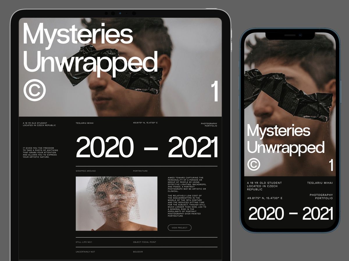 this image is a mockup of a photography portfolio website. it features two different screen sizes of the same website, each displaying a different image. the images are both of the same person, a young man, but taken from different angles and with different lighting and styling. the text on the website describes the photographer's work and philosophy. the website also includes a call to action to view the photographer's project.