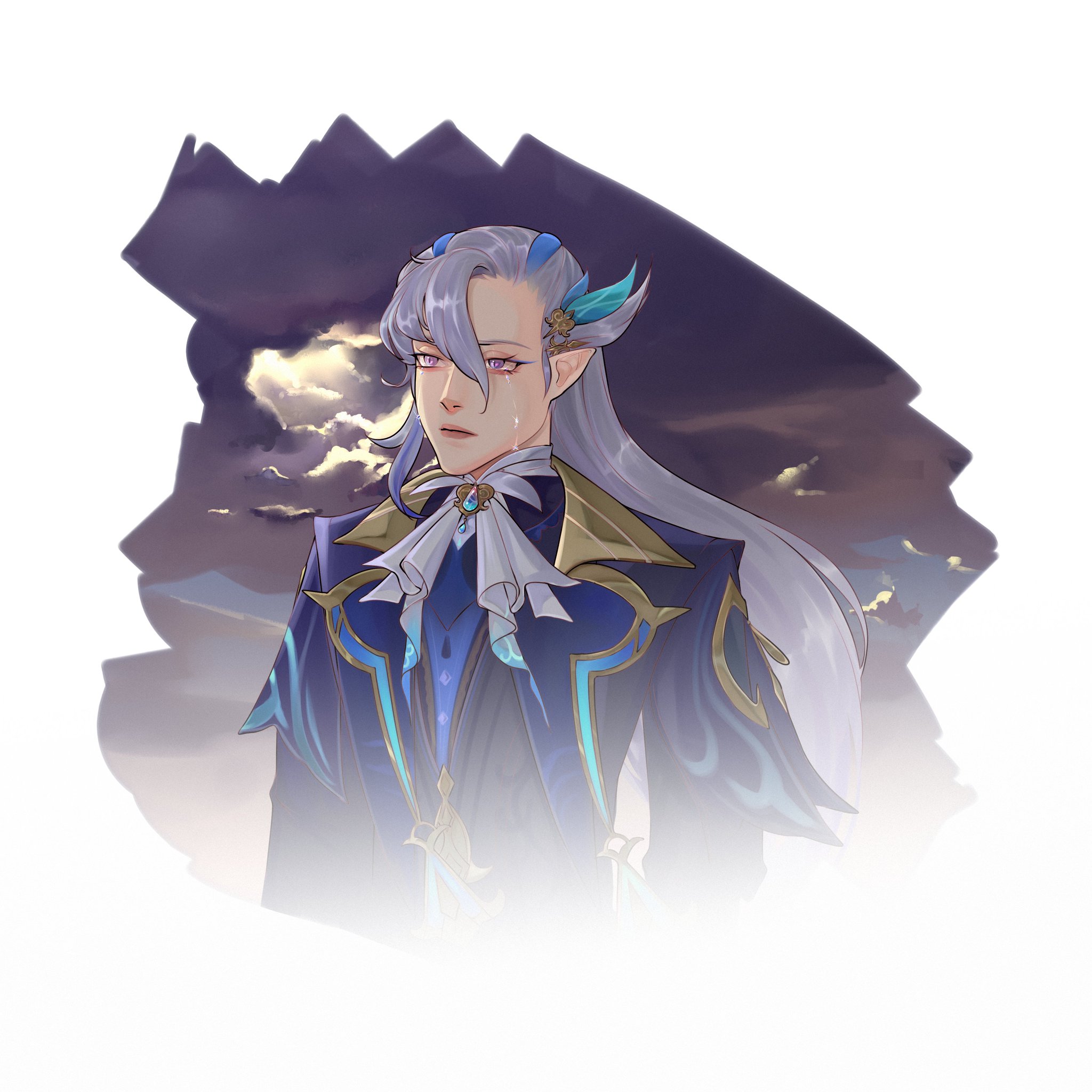 the image is an animestyle illustration of a sadlooking male character with long white hair, blue eyes,  and a blue and gold suit. he is looking off to the side and has tears running down his face. there is a background of clouds and a blurry effect around the character. the overall impression is of sadness and loneliness.
