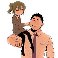 a digital drawing of a young girl sitting on a man's shoulders. the girl is smiling and poking the man's cheek, while the man is also smiling happily. the background is white, suggesting a simple and cheerful scene. the art style is cartoonlike with clean lines and soft colors.