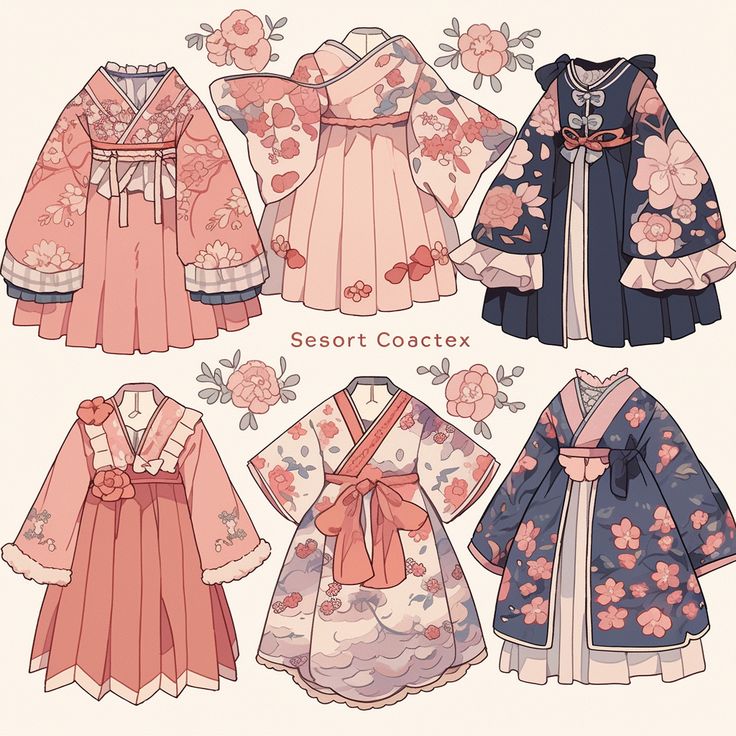 the image shows a collection of six different kimonoinspired dress designs. each dress is adorned with delicate floral patterns, primarily in shades of pink and blue. the designs feature various styles of collars, sleeves, and sashes.