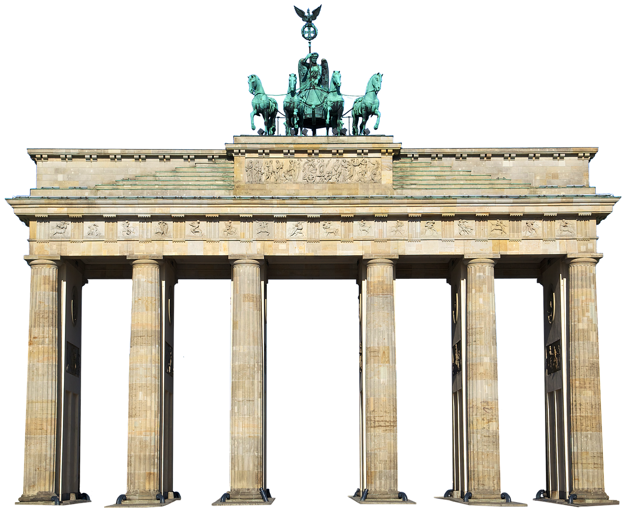 this is a full view of the brandenburg gate, a famous neoclassical monument in berlin, germany. the gate features sandstone columns, decorative friezes, and a quadriga sculpture of a chariot drawn by four horses on top. the background is black, isolating the monument.