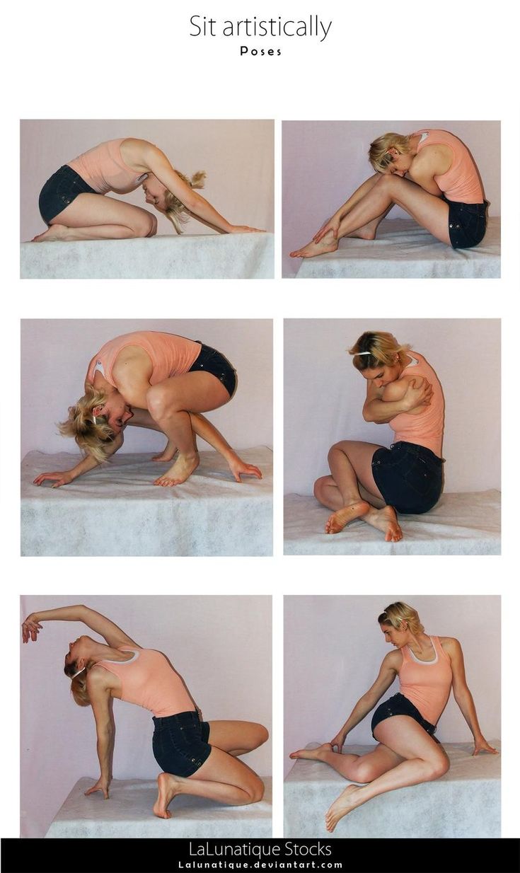 the image shows a collection of six different artistic sitting poses performed by a blonde woman wearing a tank top and shorts. the poses showcase various stretches, yogainspired positions, and creative ways to sit. the woman is barefoot and appears to be on a white surface. the images are organized in a grid layout with the title "sit artistically" and "poses" at the top. the bottom of the image includes the text "lalunatique stocks lalunatique.deviantart.com".