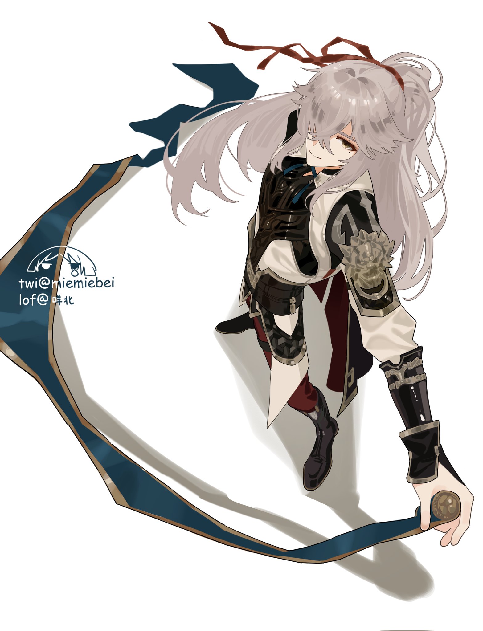 this is a digital illustration of an anime character in a warrior pose, wearing a white and black outfit and  long white hair. she has red eyes and  is holding a long blue ribbon that she is using to fight.