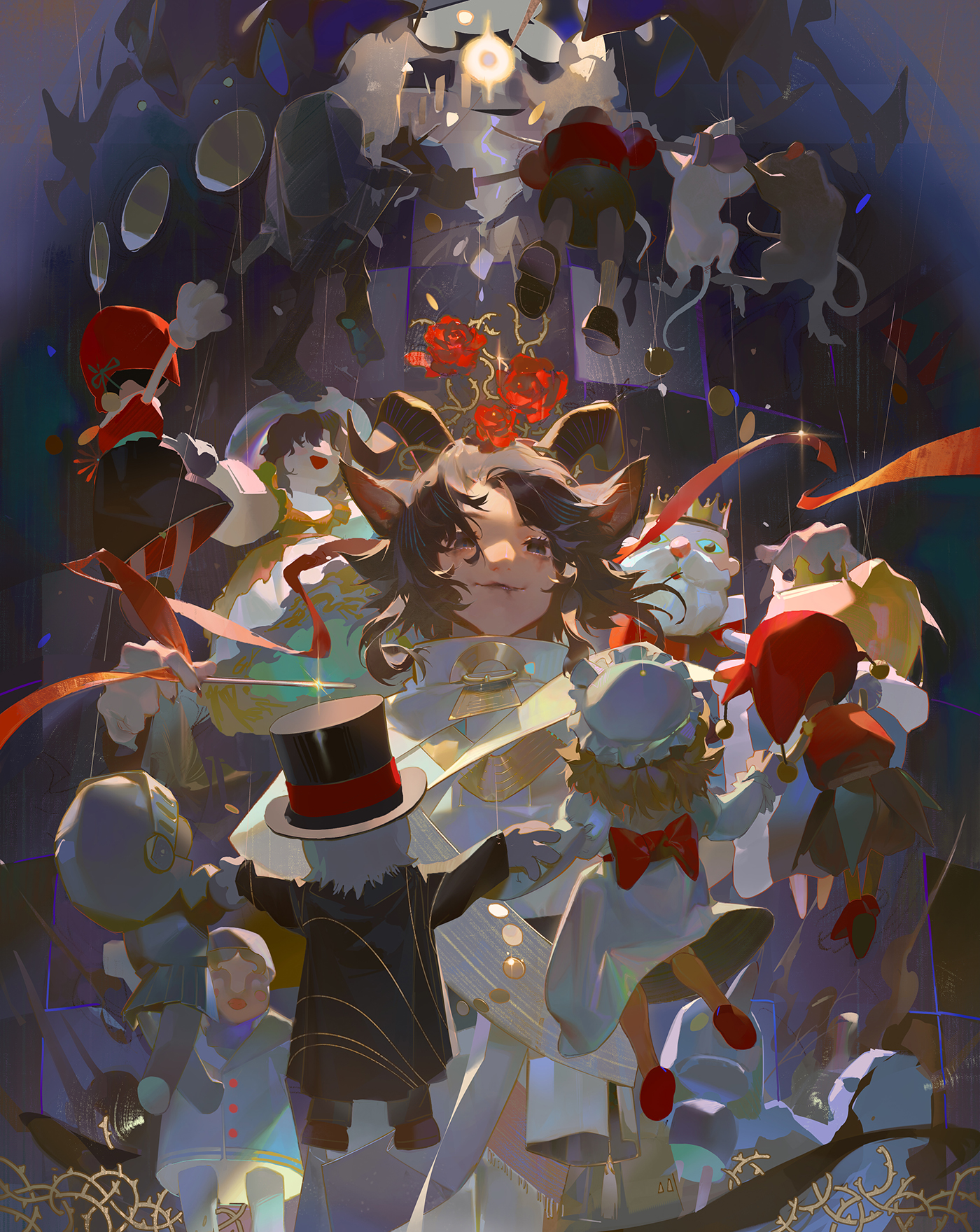 he image is a vibrant and intricate digital painting depicting a central figure, possibly a humangoat hybrid, surrounded by a multitude of puppets, dolls, and marionettes. the central figure is dressed in ornate clothing and appears to be the focal point of a fantastical, almost celebratory scene.  the surrounding figures are varied in their design and attire, suggesting a theatrical or puppet show setting. the color palette is rich and varied, ranging from deep reds and golds to lighter whites and shadows. the style is highly detailed and expressive, with a noticeable emphasis on capturing both light and shadow in a surreal manner. the overall scene evokes a sense of whimsical fantasy, bordering on the dreamlike and slightly mysterious.  the chaotic, yet orchestrated arrangement of characters creates a visually compelling and engaging piece of artwork.