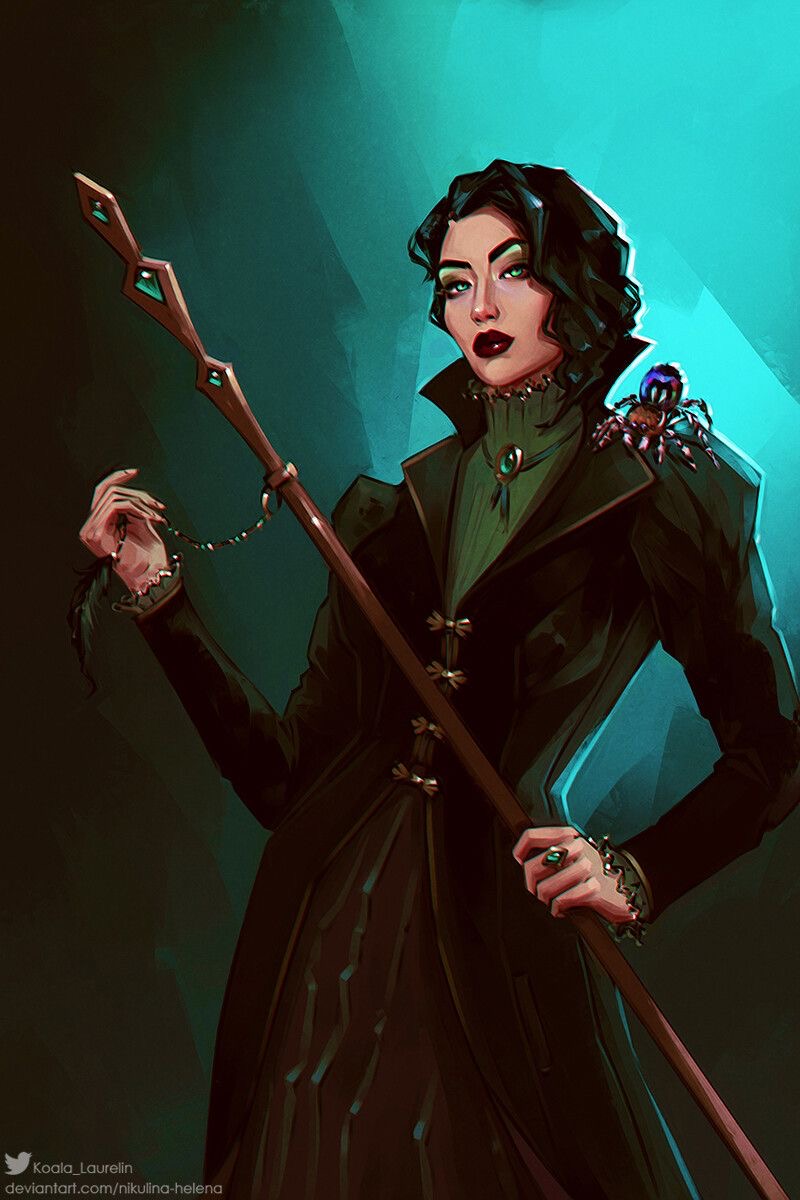 this digital illustration depicts a darkhaired woman dressed in a long green and black dress and a black coat. she is holding a staff with emerald green jewels in her right hand and has a large green spider perched on her shoulder. the image is set against a teal and green background, creating a mysterious and fantastical atmosphere. the woman's expression is intense, her eyes wide and dark, and her lips painted a deep red. she looks to be a powerful and mysterious witch or sorceress.  the overall effect is gothic and victorian, with an air of elegance and power.