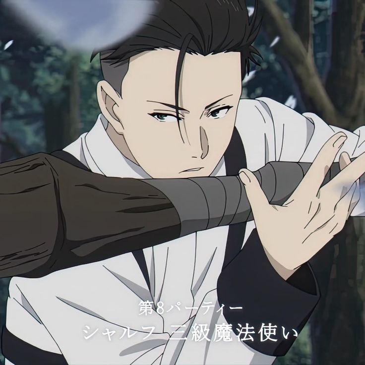 an anime boy in a white shirt is shown in the foreground, holding a wooden sword in a fighting stance. the background is blurry and shows a forest, highlighting the intensity of the scene. the boy has a serious expression on his face, indicating his determination and focus. there is a sense of energy and power radiating from him. this image captures the dynamic action and drama often found in anime.
