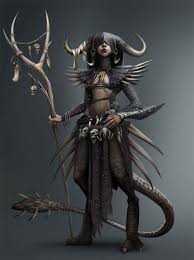 the image shows a dark fantasy character, possibly a sorceress or shaman, with demonic features. she has large horns, a reptilian tail, and is adorned in tribalstyle armor with skulls. she carries a staff with bone and tribal ornaments. the overall impression is dark and mystical.