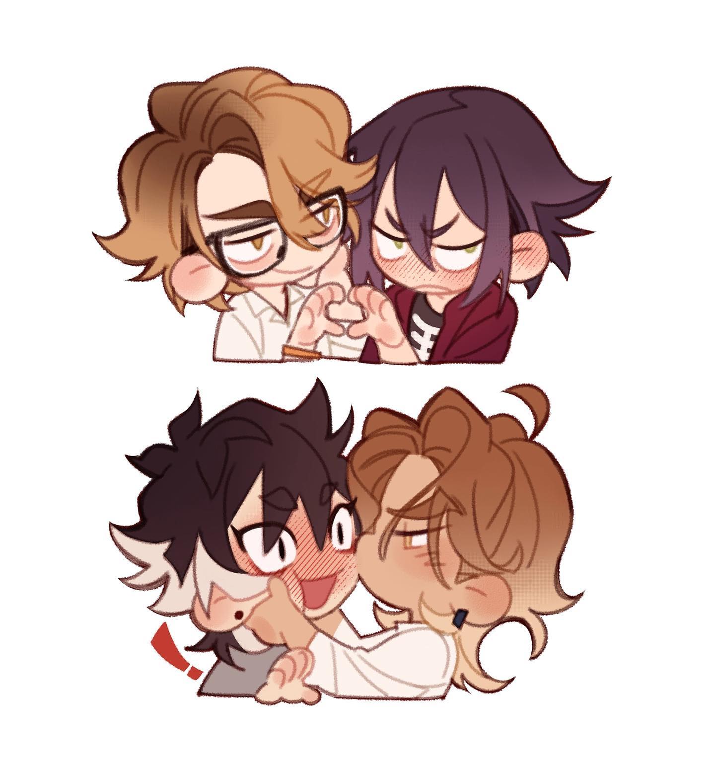 the image contains two separate chibistyle illustrations of pairs of boys.the top illustration shows two boys, one with blonde hair and glasses, the other with dark purple hair. they're making a heart shape with their hands, close together, displaying a tender affection.the bottom illustration shows a different pair of boys. one with dark hair and the other with light brown hair. the brownhaired boy is kissing the darkhaired boy's cheek.  the darkhaired boy's face is flushed, showing his shy reaction to the affection.  both illustrations have a soft and romantic tone. the art style is consistent throughout, emphasizing large eyes, simple shading, and a focus on the characters' expressions.