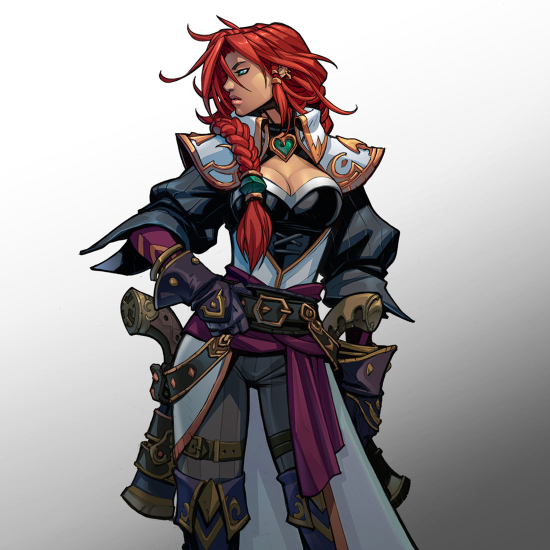 a redhaired female pirate captain with a braid stands with her left hand on the hilt of her sword and her right hand on her gun, in a white and black pirate outfit.  she is staring off to the side with a serious expression.