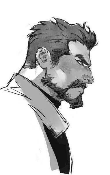 a black and white illustration of a man's profile. he has short, slightly messy hair, a strong jawline, and a wellgroomed goatee. his expression is serious and intense, his gaze directed to the right of the frame. the style is reminiscent of graphic novels or comic books, with bold lines and shading creating depth and texture. the man appears to be wearing a collared shirt or jacket. the background is plain white.