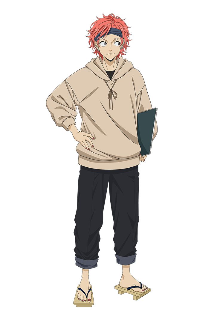 an anime character with red hair, wearing a beige hoodie, black pants, and sandals, is standing while holding a book in his right hand. he has a white background.