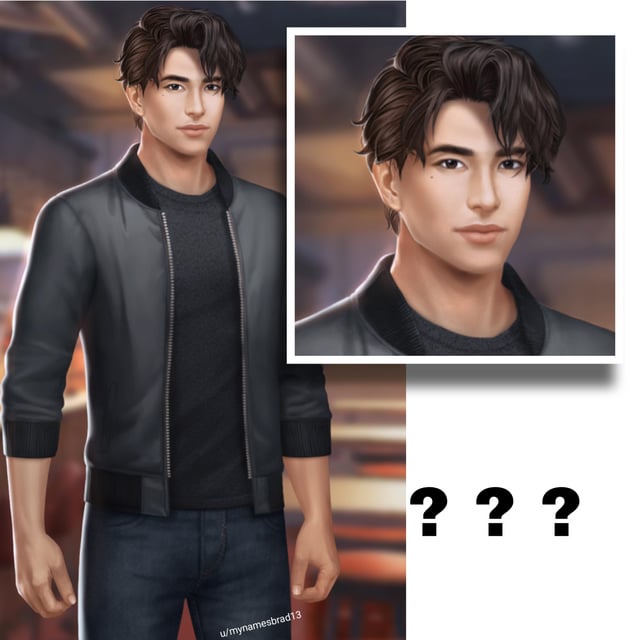 a digital illustration of a man wearing a dark jacket, dark tshirt, and blue jeans. he has dark hair and a mole on his face. an inset shows a closer view of his face. the bottom right corner has a line of question marks.