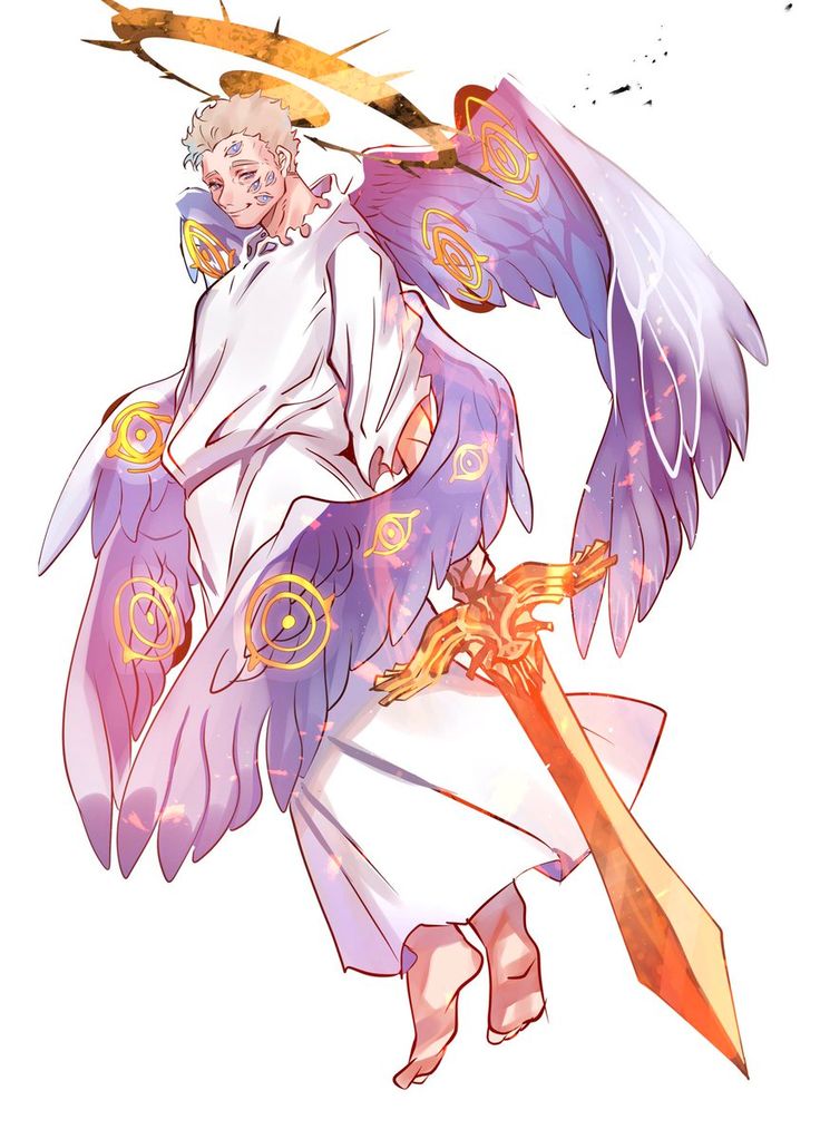 the image depicts an angel with golden halo, blonde hair and large purple wings with gold markings. he is clothed in a white robe and has a golden sword in his right hand. he is flying upwards, with his feet pointed straight. his wings are spread outwards as he floats up in the air. the light in the image comes from the angel and his sword and halo, making the image bright and powerful.