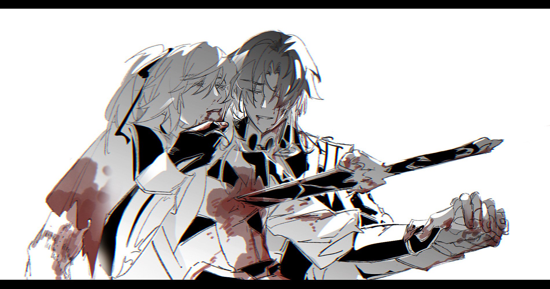 the illustration portrays a scene of intense emotion and tragedy. two characters, a male and a female, are depicted in a close embrace. the woman, with long, white hair, leans into the man, her eyes closed, her expression filled with sorrow. the man, with dark hair, holds a knife, the tip of which is piercing his own chest. blood stains his shirt, a grim reminder of the pain he is enduring. their intertwined hands and close proximity suggest a deep connection and perhaps a final farewell. the overall mood of the illustration is one of heartbreak, loss, and the ultimate sacrifice of love.