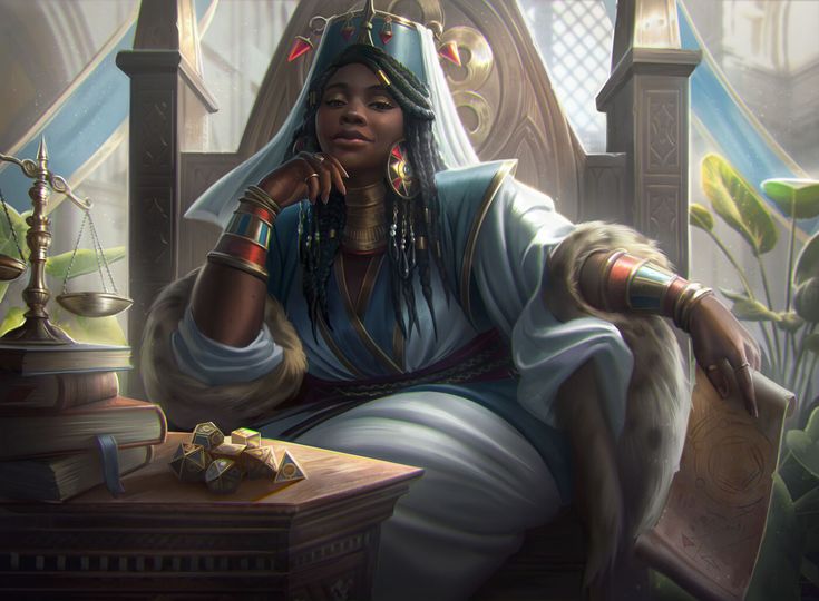 the image is a digital painting of a regallooking black woman, possibly a queen or judge. she is seated on an ornate throne, dressed in a flowing blue and white robe adorned with gold jewelry.  she wears a crown and has long dark braids.  beside her are books, scales of justice, and a set of polyhedral dice, suggesting a connection to law, wisdom, or perhaps games of chance or fate. the setting appears to be a grand hall or chamber within a castle or palace.  the overall style is fantasy, with a sophisticated and mystical feel. the woman’s expression is serious and composed, giving the impression of authority and intelligence. the lighting and detail are impressive.