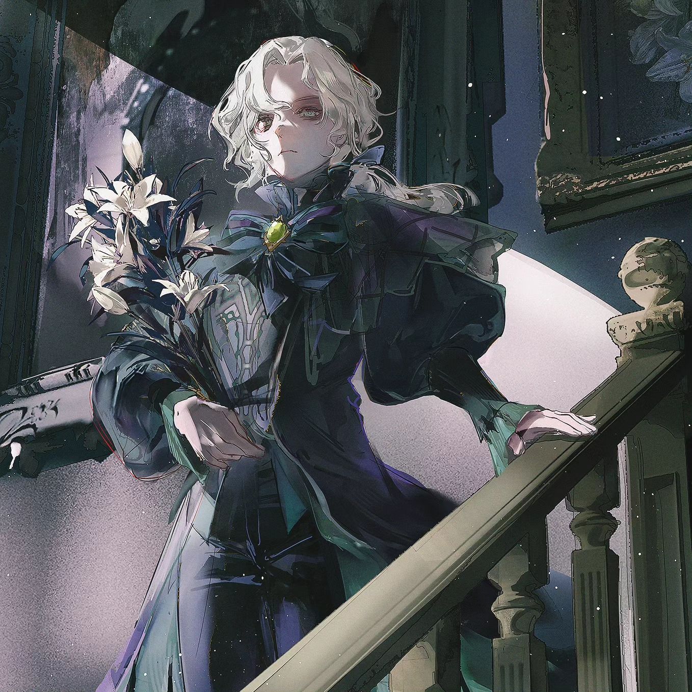 the image showcases a digital painting or illustration of an animestyle male character. he possesses long, flowing white hair and is dressed in an elaborate, darkcolored outfit that appears gothic and elegant. the character holds a bouquet of white lilies, adding to the overall dark and mysterious atmosphere.  the setting appears to be a grand, dark mansion, as indicated by the architecture of the visible staircase and hints of other interior features.  the style is detailed and sophisticated, with careful rendering of the character's clothing, hair, and the flowers he carries.  the lighting is dramatic, casting shadows and highlighting specific details. the overall mood is somber and pensive, contributing to the character's mysterious aura.
