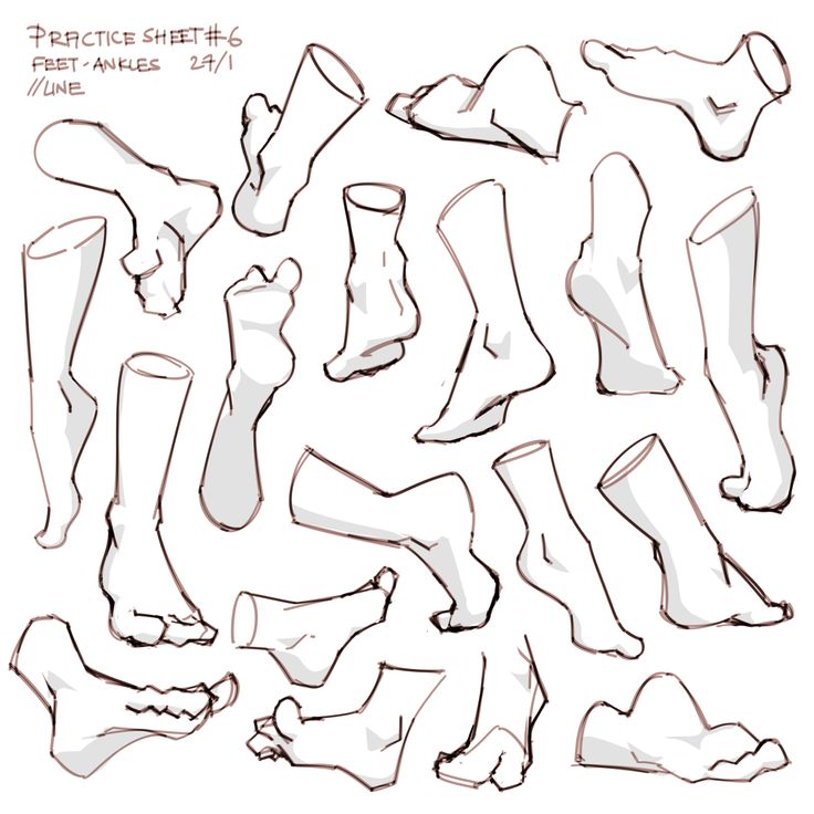 this image is a practice sheet for drawing feet and ankles. it shows various poses and angles of feet and ankles, which can be used as reference material for artists. the drawings are simple and clear, making them easy to understand and use.  the sheet is labeled with the words "practice sheet #6, feet & ankles, 24/1, //line".