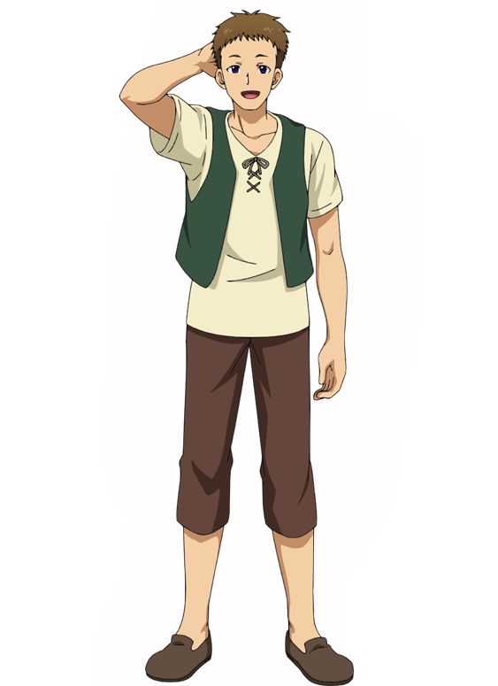 the image is of an anime cartoon character. he is a young male, standing, with brown hair and blue eyes. he is smiling and looking happy. he is wearing a green vest over a tan shirt and brown pants. he has brown shoes on his feet. he appears to be a happy and carefree person.