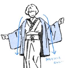 the image is an illustration of a person wearing a blue haori over a black kimono. the person is standing with their arms outstretched, showing the full length of the haori and the way it drapes over the kimono. the illustration is drawn in a simple style, with black lines and light shading.  the image also includes two blue arrows showing the direction of the sleeves.  the words "袖(そで)がシュッとして、かっこいい" are written underneath the drawing, which translates to "the sleeves are sharp and cool."