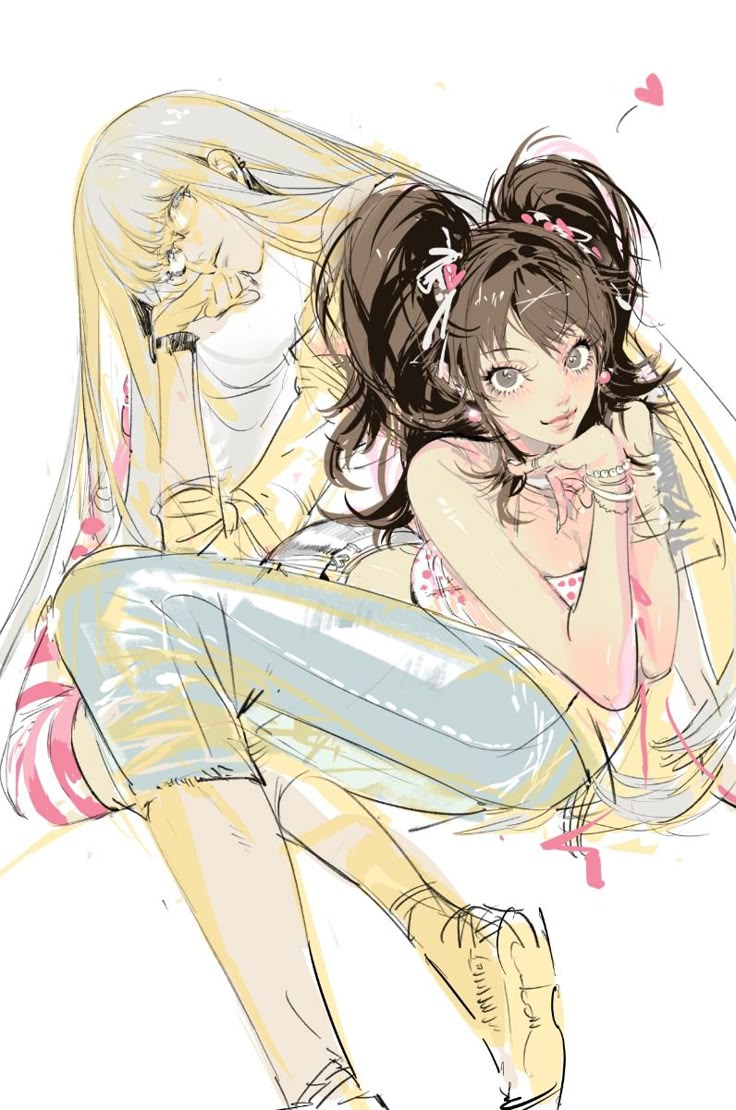 the image shows a drawing of two anime girls in casual wear. one girl has long blonde hair and is leaning her head on her hand. the other girl has brunette hair styled in pigtails and is smiling at the viewer. they are both wearing jewelry and the blonde haired girl is wearing a yellow jacket. the scene is decorated with a small pink heart and other pink marks.