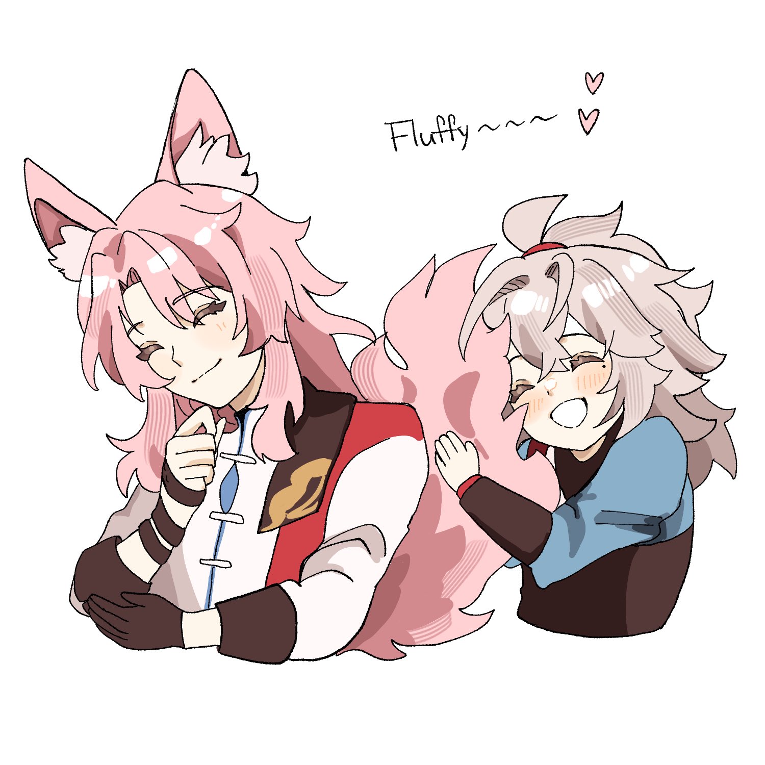 an illustration of two anime girls hugging. one has pink hair with cat ears and a fluffy tail. the other has white hair and is hugging the other girl's tail while smiling. both girls are happy and have a close friendship.