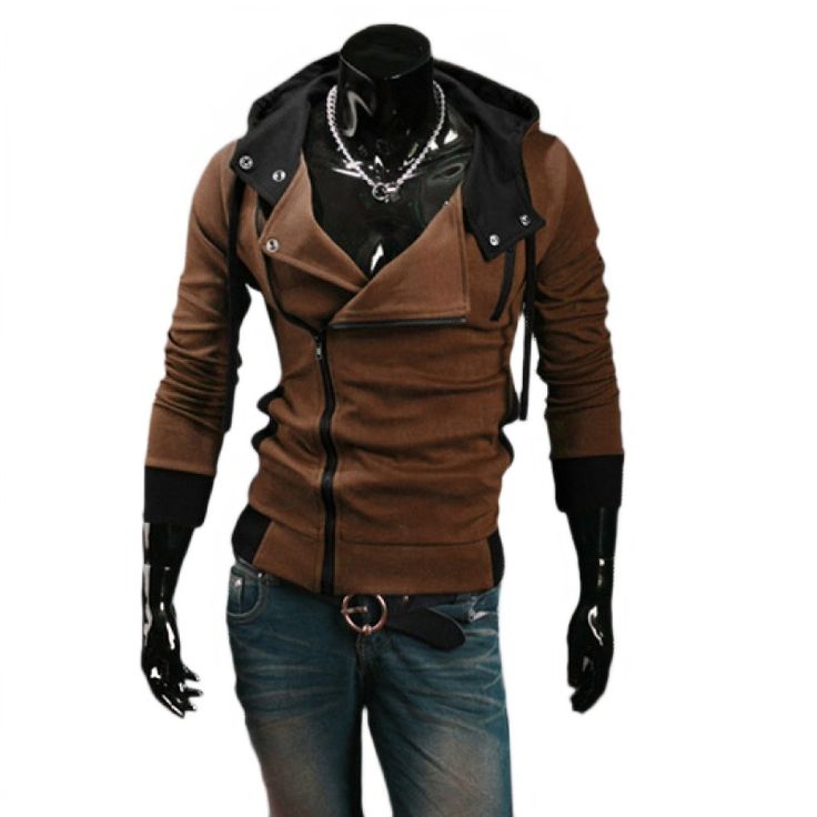 a male model is wearing a brown zipper hoodie jacket with a black hood. the jacket has a stylish, modern design with a zipper going up the center. the model is also wearing blue jeans. he has a serious look on his face. the photo appears to be taken in a studio.