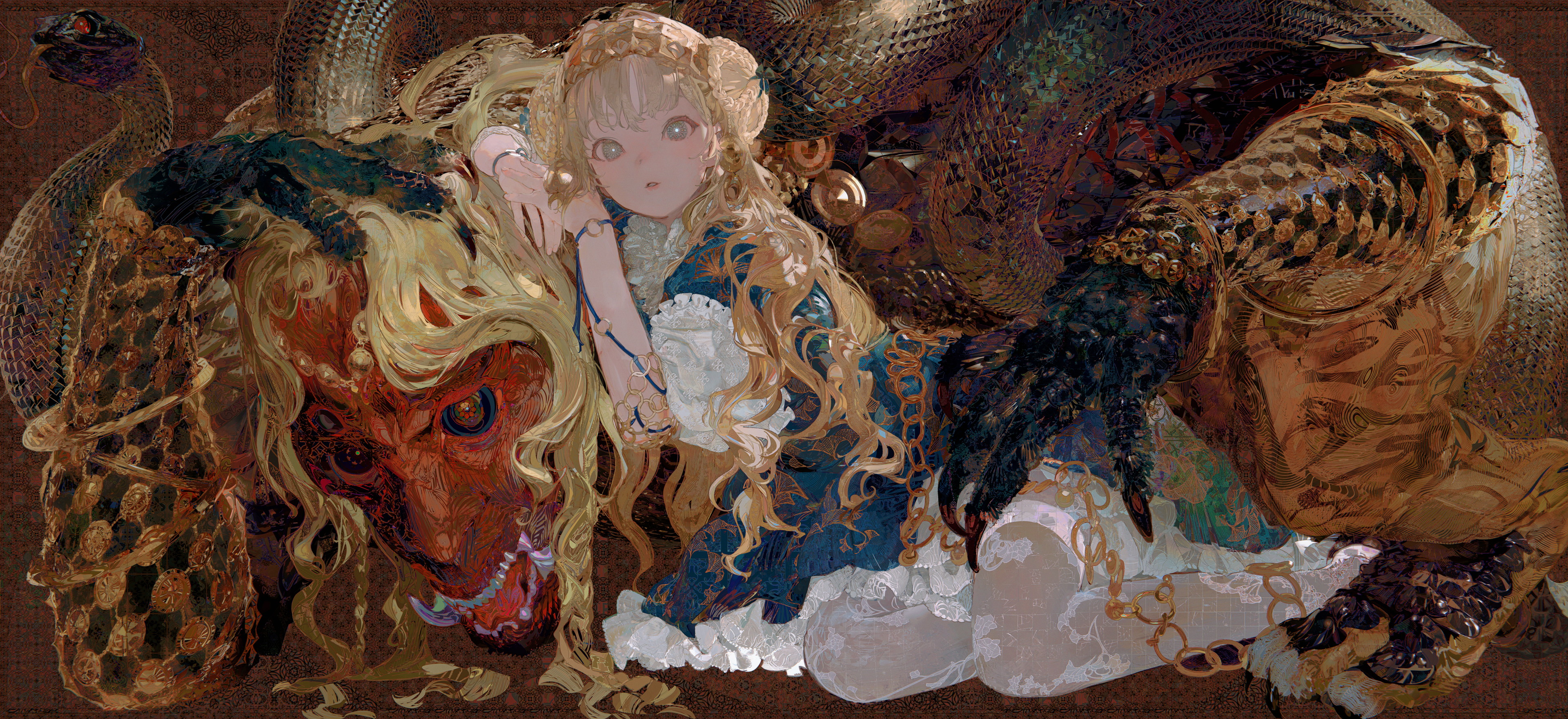 he image is a digital painting or illustration in a fantasy style. it features a young animestyle girl with long blonde hair, wearing a blue and gold ornate dress with lace details. she is sitting or reclining with what seems to be a part of a large dragon or serpent which has both scaly and furlike textures, and has a golden hue. the serpent's/dragon's body is richly detailed and textured. the overall color palette is dark with gold accents, creating a mysterious and magical atmosphere. the style is highly detailed, showing intricate textures and patterns in both the girl's clothing and the creature's scales. the girl's expression is gentle and serene. the composition is intimate, with the girl closely entwined with the mythical beast.  the image evokes a sense of fantasy, perhaps from a fairy tale or a mythological story.
